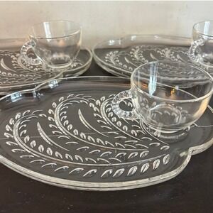 Vintage Federal Glass | Homestead | Snack Set 3 Plates 3 Cups Pressed Glass MCM